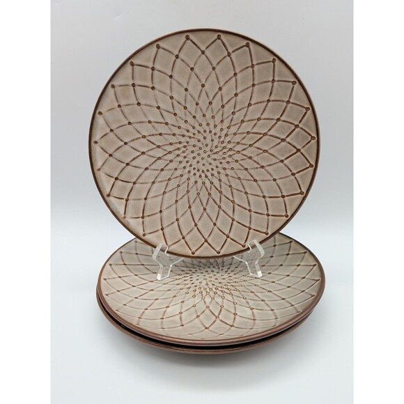 Pier 1 Reactive Geometric Spiral Design Salad Plates 8" Cream Brown Set Of 3 - Picture 1 of 6